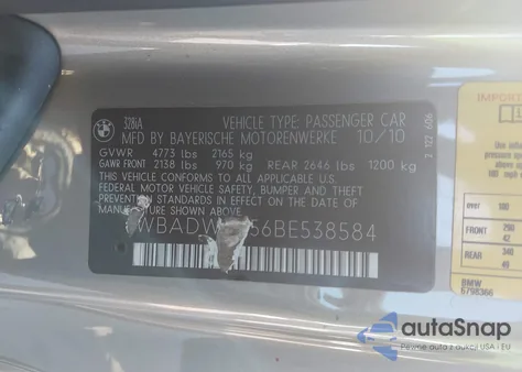 2011 BMW 328I из США, поврежденный, VIN WBADW3C56BE538584